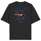 Schwarzes Oversize T-Shirt von Grantler Gwand mit blauem Backprint „Bayern is so vui mehr als nur a Ort“, Herzsymbol und Bayern-Silhouette – bayerisches Streetwear Shirt aus Bio-Baumwolle.
