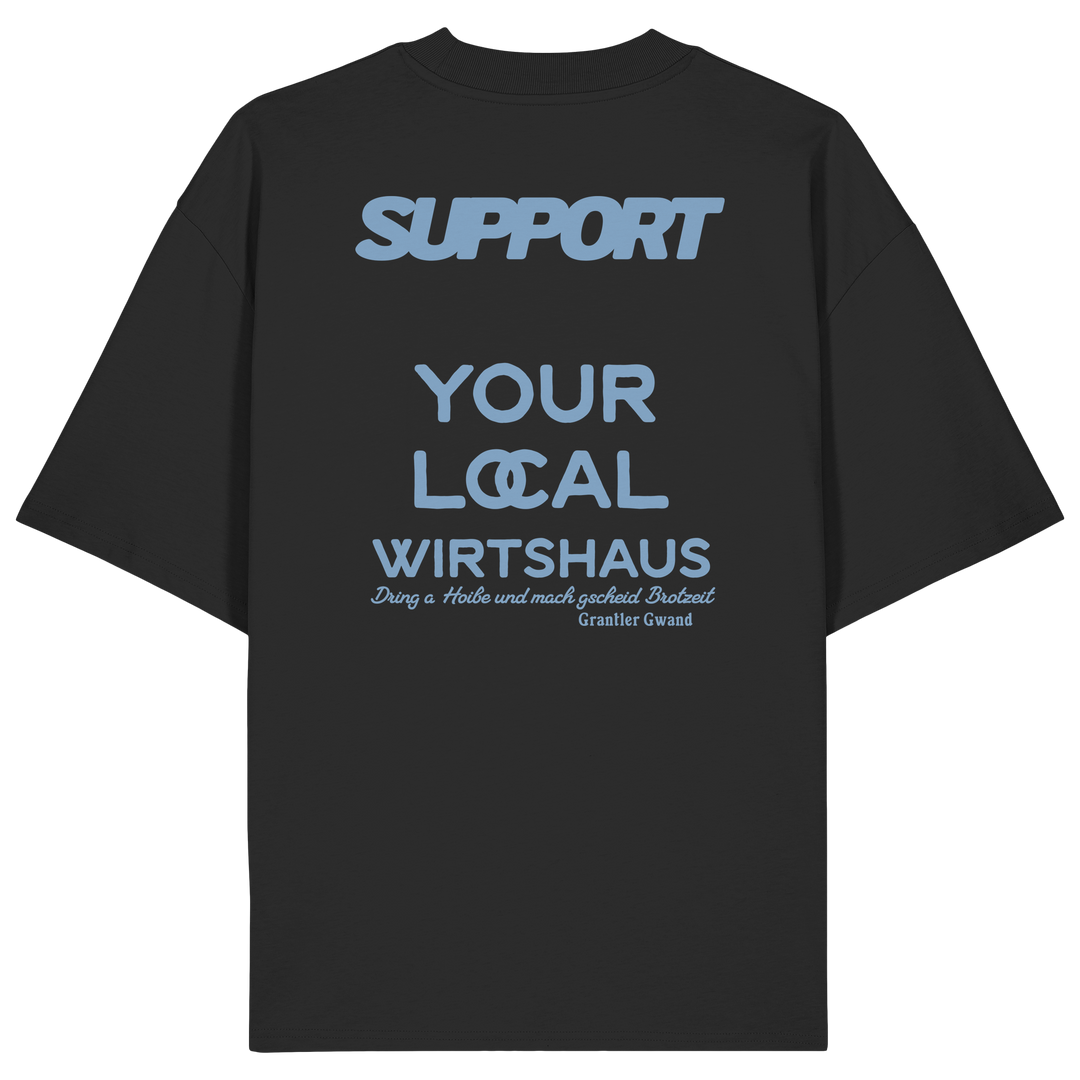 „Schwarzes Oversize T-Shirt mit großflächigem, blauem Backprint &