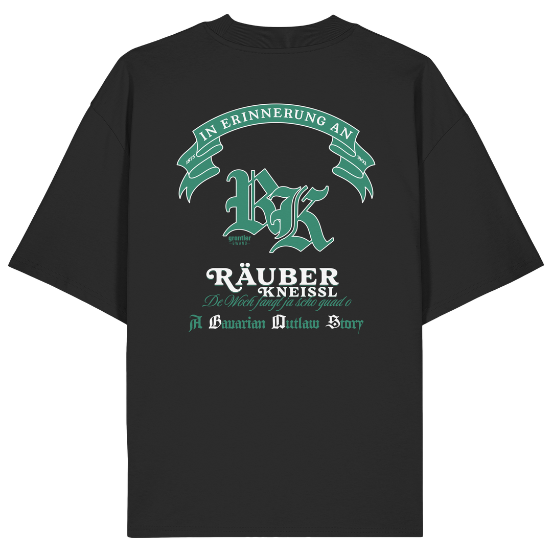Schwarzes Oversize T-Shirt mit großem Räuber-Kneißl-Backprint im Vintage-Stil und modernem bayerischen Streetwear-Design.