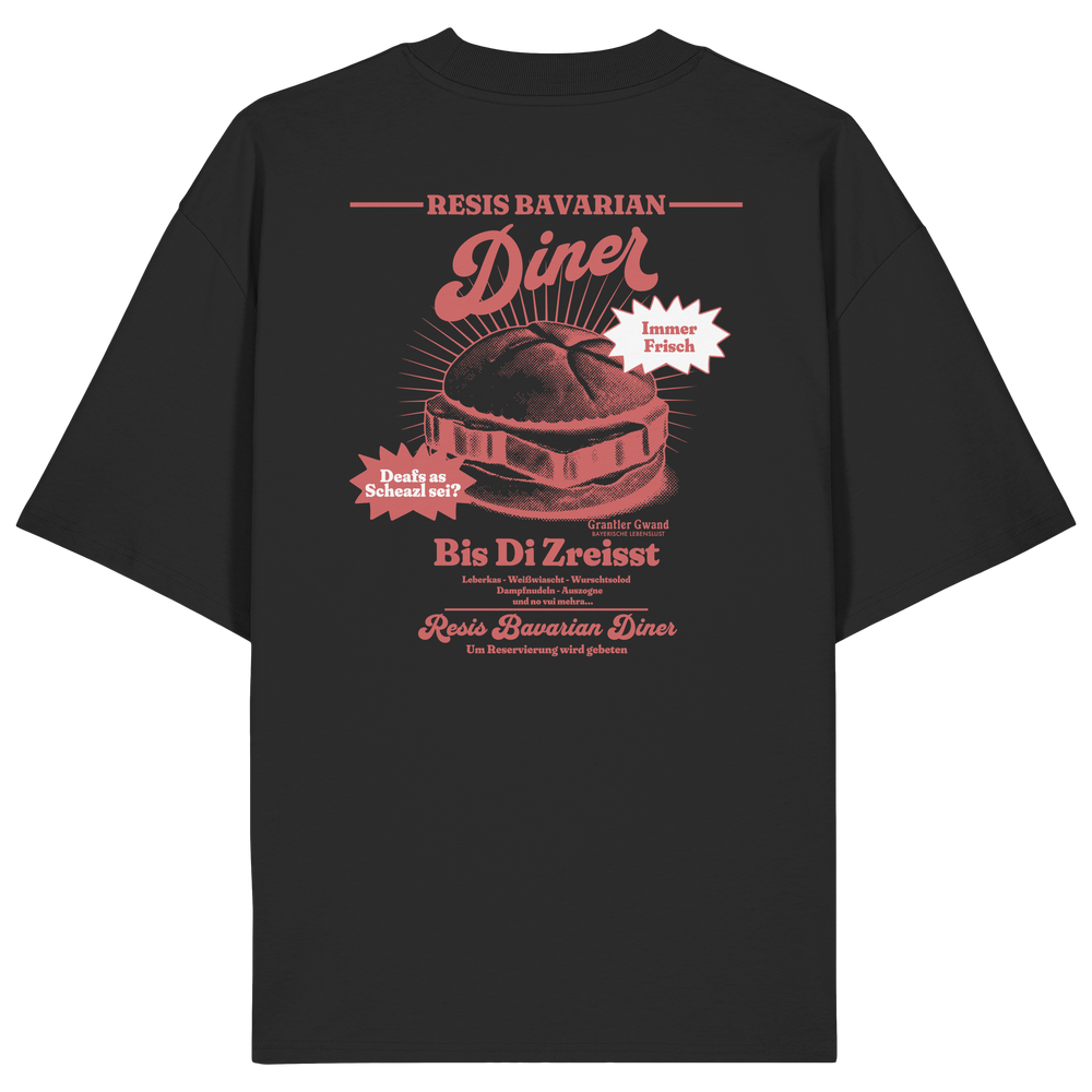 Schwarzes Oversize Bio-Shirt mit rotem Backprint „Resis Bavarian Diner“ – bayerisches Streetwear T-Shirt mit Leberkässemmel im Vintage-Diner-Design von Grantler Gwand