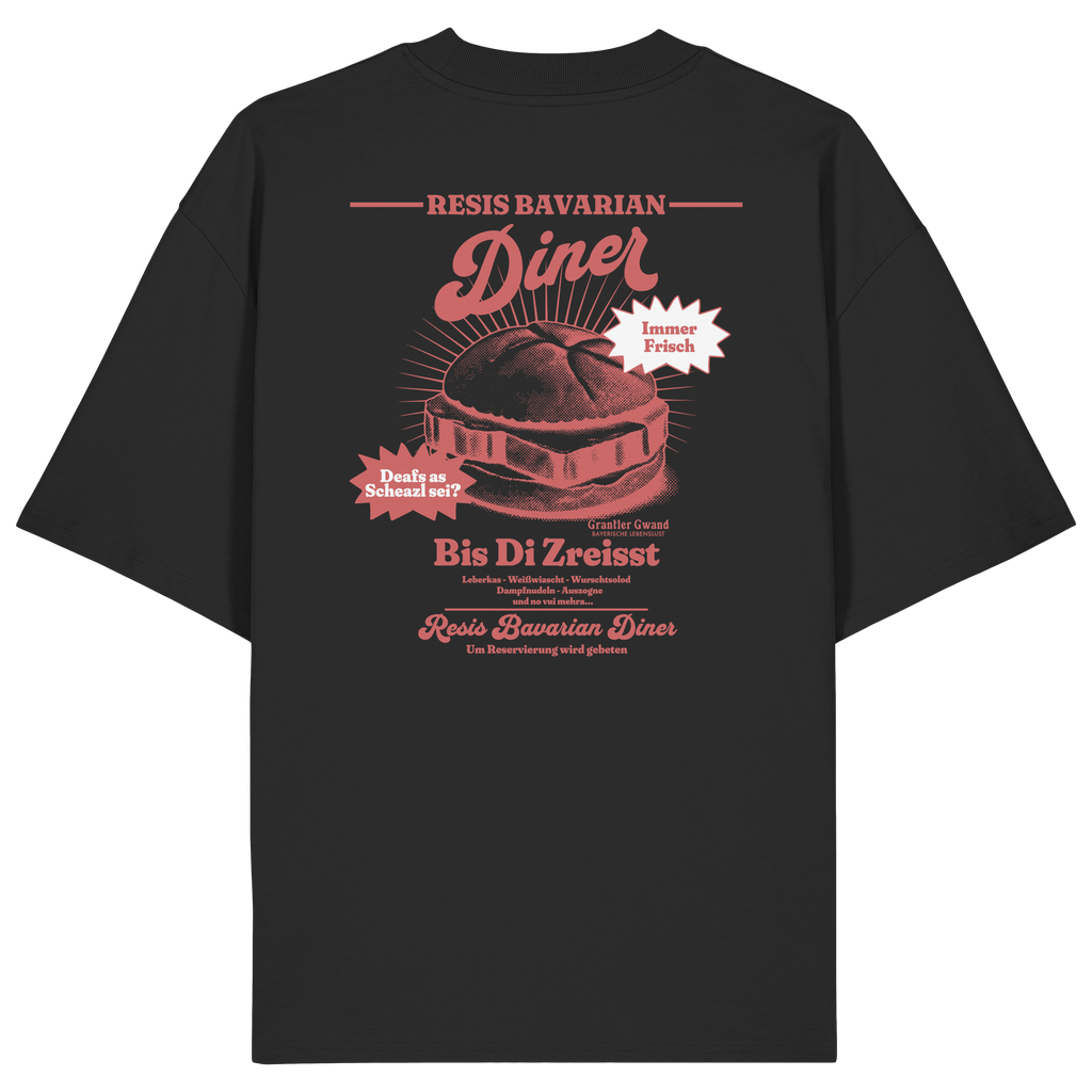 Schwarzes Oversize Bio-Shirt mit rotem Backprint „Resis Bavarian Diner“ – bayerisches Streetwear T-Shirt mit Leberkässemmel im Vintage-Diner-Design von Grantler Gwand
