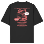 Schwarzes Oversize Bio-Shirt mit rotem Backprint „Resis Bavarian Diner“ – bayerisches Streetwear T-Shirt mit Leberkässemmel im Vintage-Diner-Design von Grantler Gwand