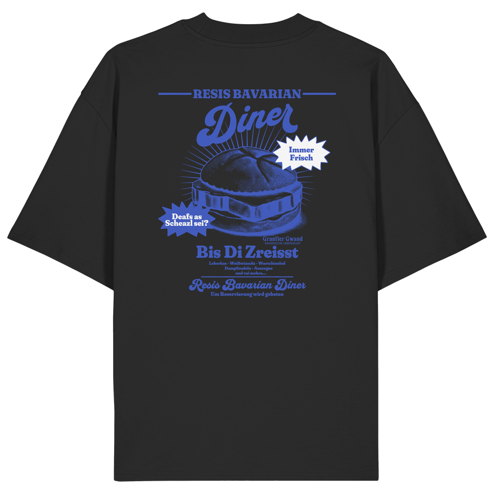 Schwarzes Oversize Shirt mit Backprint „Resis Bavarian Diner“ – bayerisches Streetwear Shirt mit Leberkässemmel im Retro-Diner-Design und Vintage-Print von Grantler Gwand.