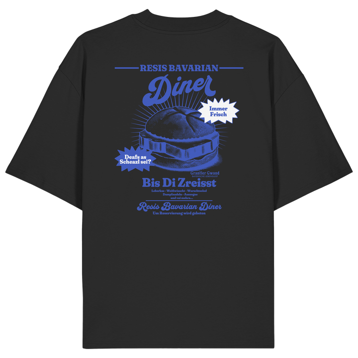 Schwarzes Oversize Shirt mit Backprint „Resis Bavarian Diner“ – bayerisches Streetwear Shirt mit Leberkässemmel im Retro-Diner-Design und Vintage-Print von Grantler Gwand.