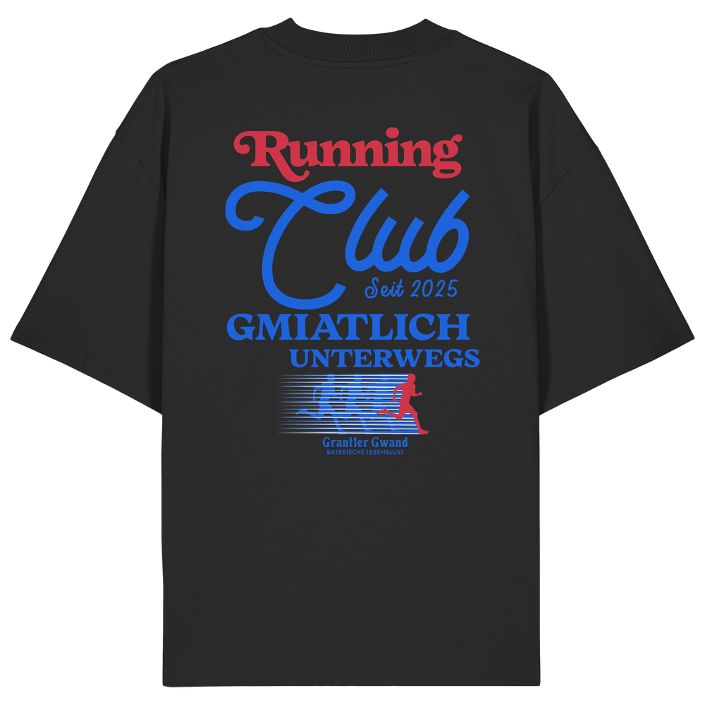 Schwarzes Oversize Shirt mit großem Running Club Backprint im Retro-Design in Blau und Rot sowie „Gmiatlich unterwegs“ Schriftzug – hochwertiges Bio-Baumwoll Streetwear T-Shirt für Laufen und Freizeit von Grantler Gwand.