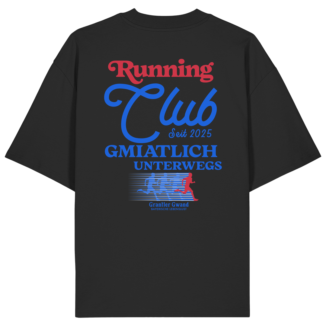 Schwarzes Oversize Shirt mit großem Running Club Backprint im Retro-Design in Blau und Rot sowie „Gmiatlich unterwegs“ Schriftzug – hochwertiges Bio-Baumwoll Streetwear T-Shirt für Laufen und Freizeit von Grantler Gwand.