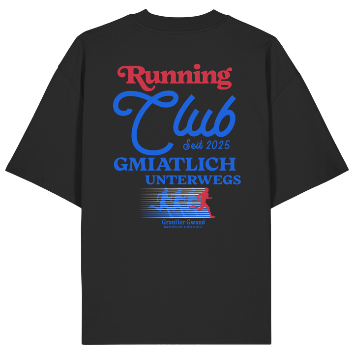 Schwarzes Oversize Shirt mit großem Running Club Backprint im Retro-Design in Blau und Rot sowie „Gmiatlich unterwegs“ Schriftzug – hochwertiges Bio-Baumwoll Streetwear T-Shirt für Laufen und Freizeit von Grantler Gwand.
