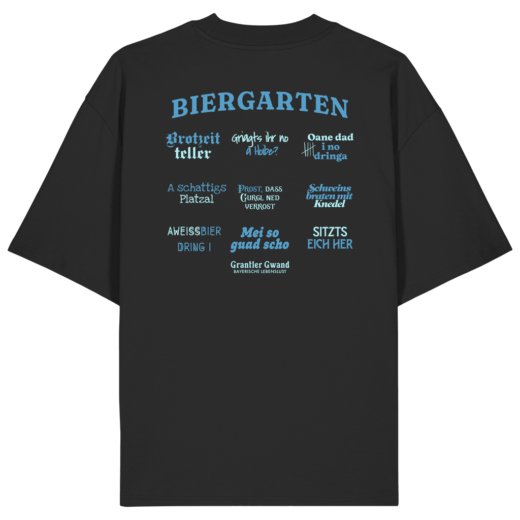 Schwarzes Oversize Shirt mit blau-grünem Biergarten“-Rückendruck im Retro-Design – hochwertiger  Hoodie von Grantler Gwand.