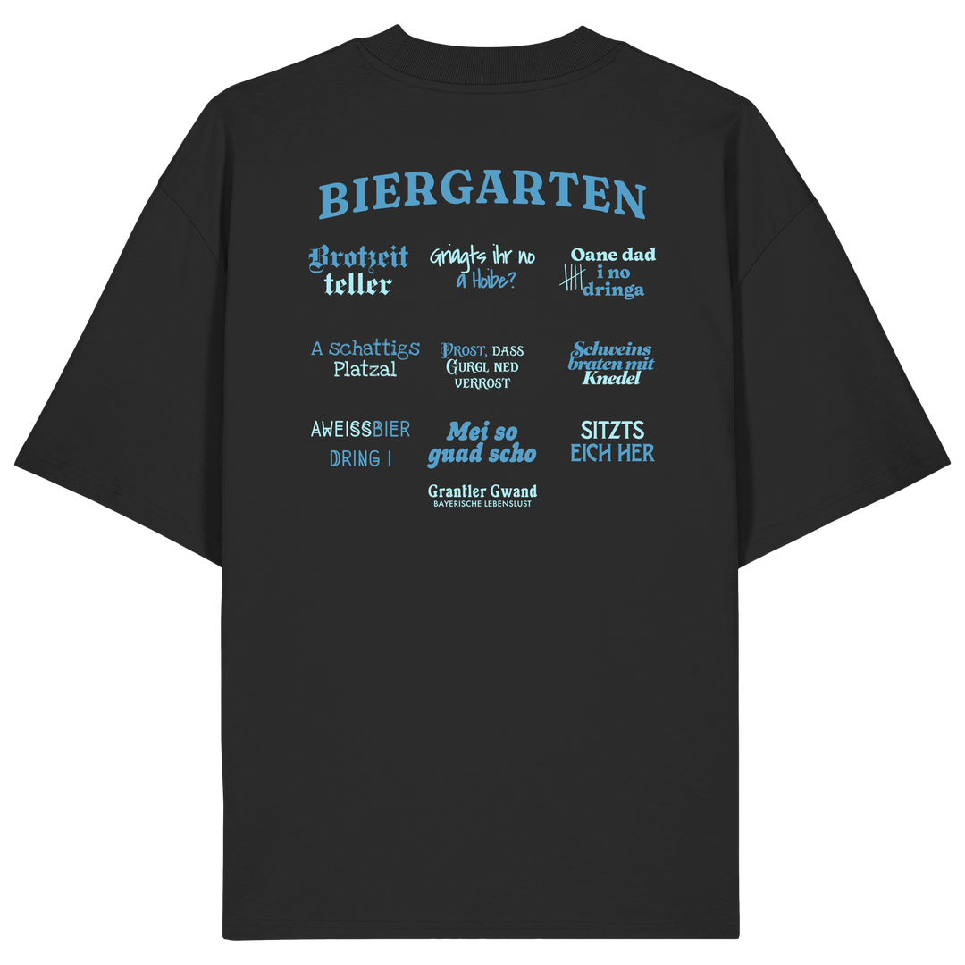 Schwarzes Oversize Shirt mit blau-grünem Biergarten“-Rückendruck im Retro-Design – hochwertiger  Hoodie von Grantler Gwand.