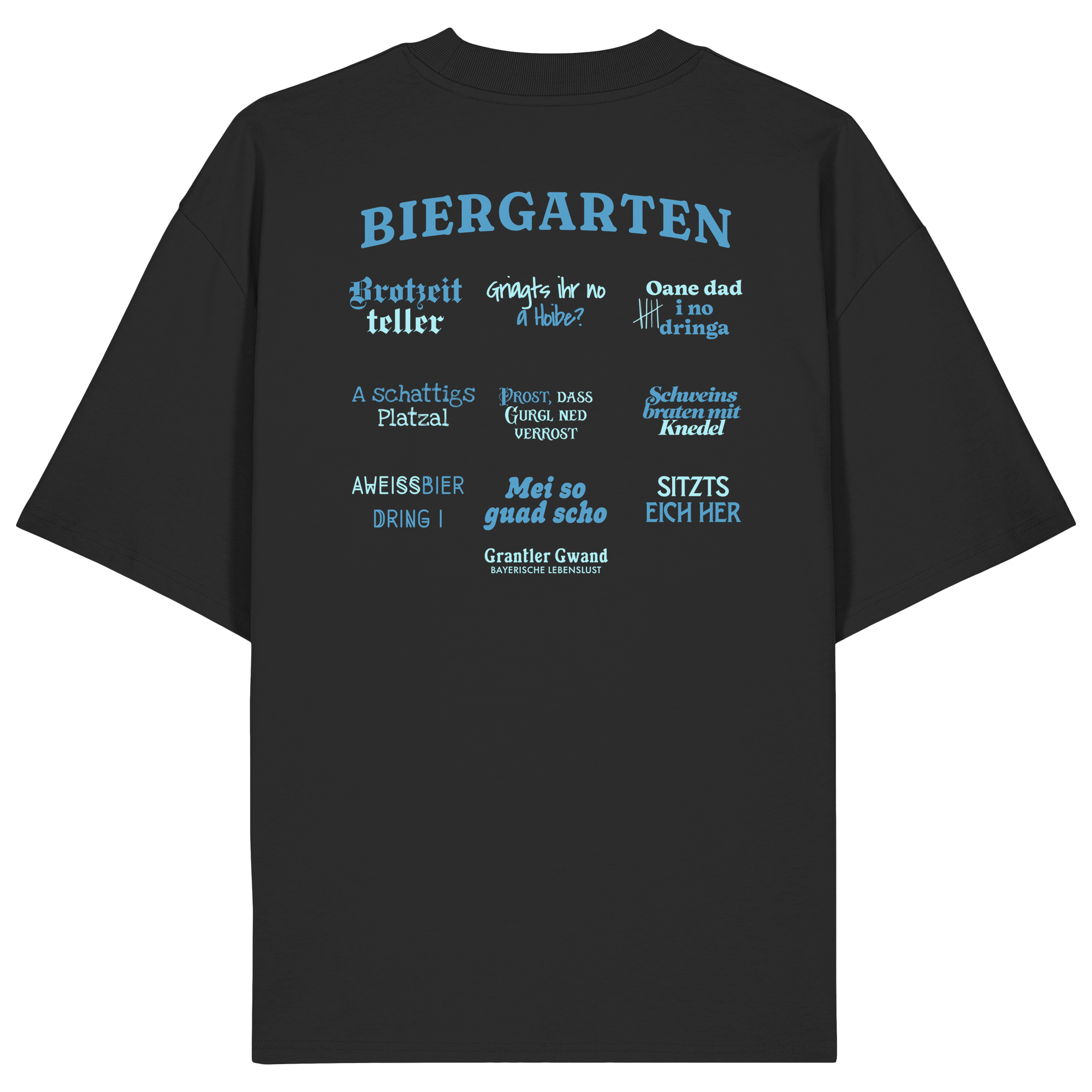 Schwarzes Oversize Shirt mit blau-grünem Biergarten“-Rückendruck im Retro-Design – hochwertiger  Hoodie von Grantler Gwand.