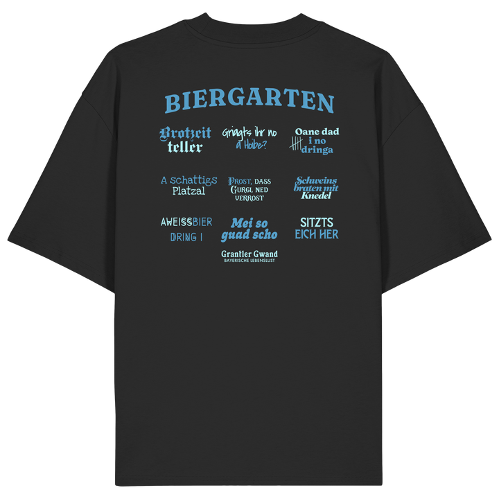 Schwarzes Oversize Shirt mit blau-grünem Biergarten“-Rückendruck im Retro-Design – hochwertiger  Hoodie von Grantler Gwand.
