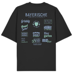 Schwarzes Bayerische Gmiatlichkeit Oversize Shirt mit großem grünem Backprint und bayerischen Begriffen wie Hoamatliebe, Biergarten, Volksfest, Grantler, Hopfen & Malz und Griabig. Unisex Heavy Oversized T-Shirt aus Bio-Baumwolle im modernen Streetwear-Look. Designed und bedruckt in Bayern von Grantler Gwand.