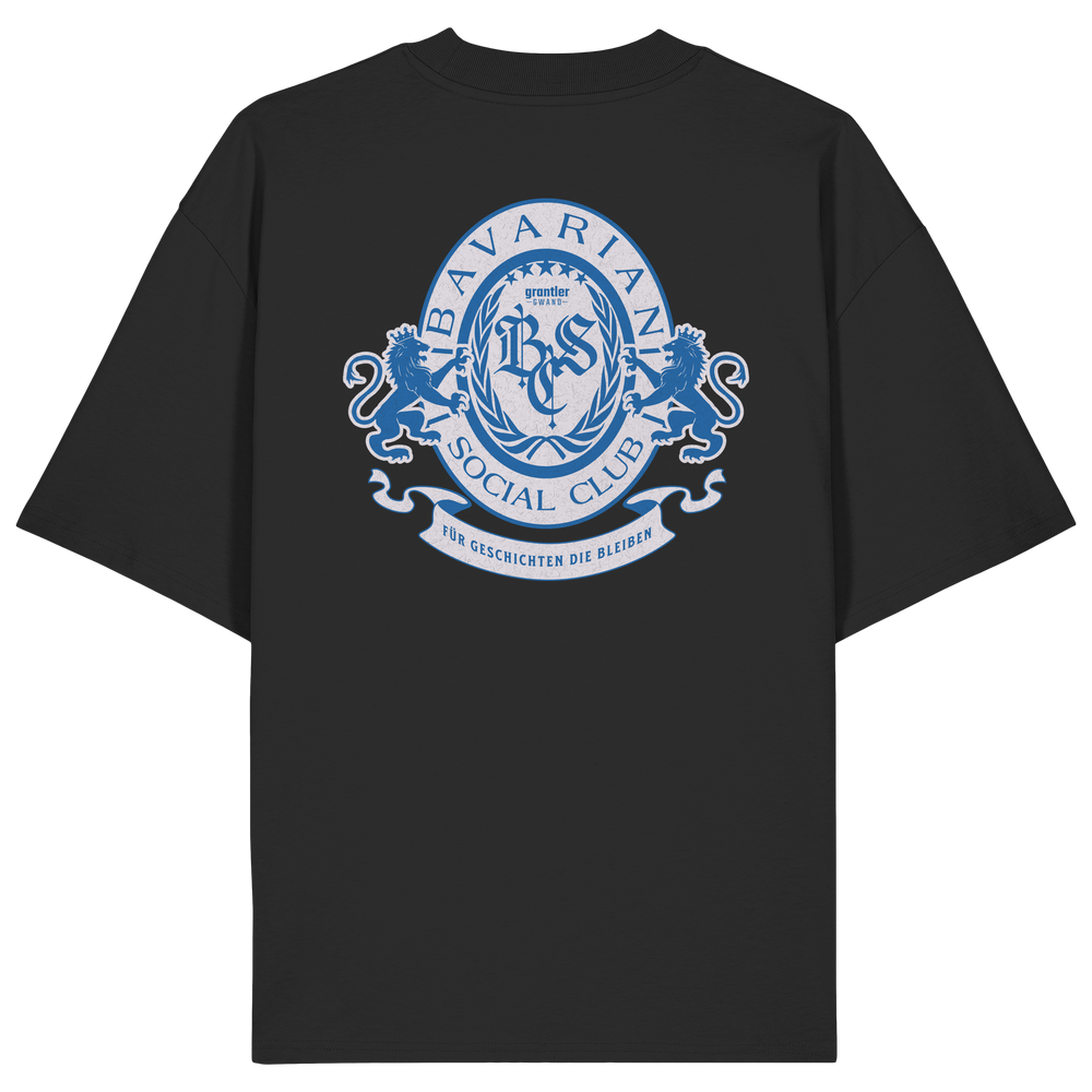 schwarzes Oversize T-Shirt mit großem blauen Bavarian Social Club Wappen auf dem Rücken, Lorbeerkranz, Löwen und hochwertigem bayerischen Streetwear-Design.