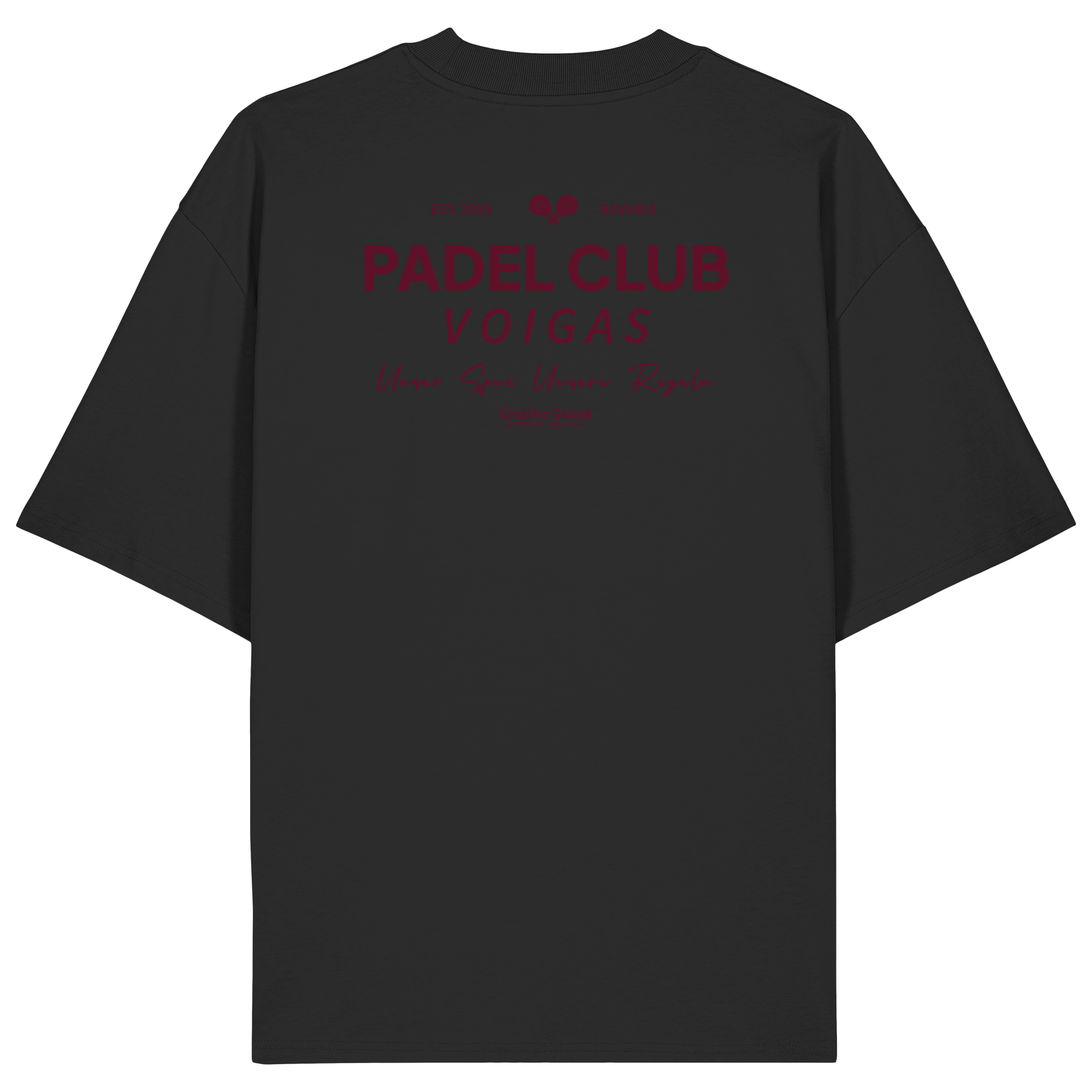 Schwarzes Oversize Shirt mit rotem „Padel Club“-Backprint – hochwertiges Streetwear Shirt in Bio Qualität von Grantler Gwand für Padel-Fans.