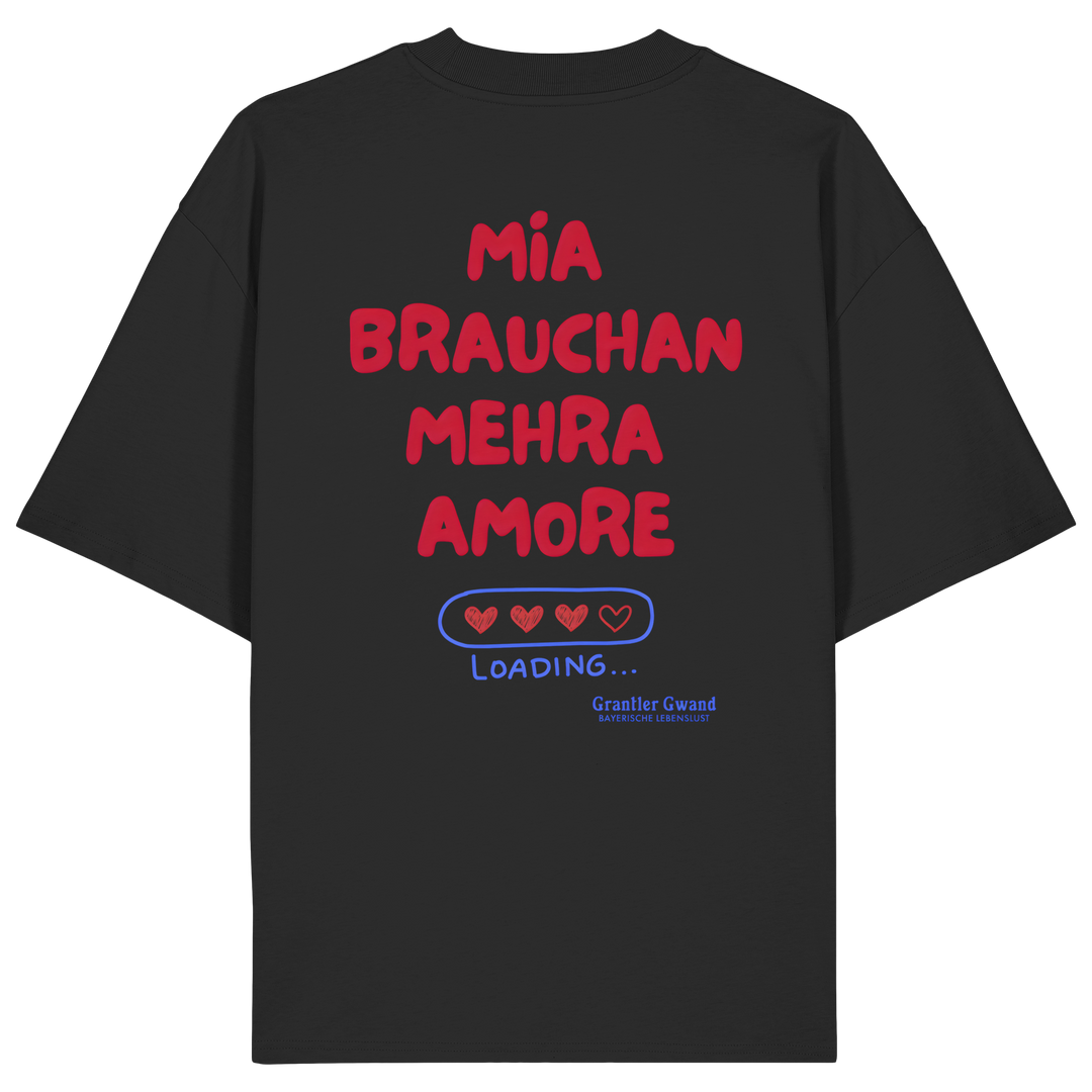 Schwarzes Oversize Shirt mit großem Backprint "Mia brauchan mehra Amore" und Herz-Ladebalken im bayerischen Streetwear-Design von Grantler Gwand.