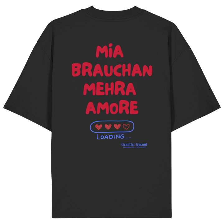 Schwarzes Oversize Shirt mit großem Backprint "Mia brauchan mehra Amore" und Herz-Ladebalken im bayerischen Streetwear-Design von Grantler Gwand.