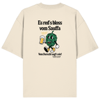 Cremefarbenes Oversize-T-Shirt mit großem Backprint „Es red's bloß vom Sauffa“ und lustigem Hopfen-Motiv – bayerisches Streetwear-Shirt von Grantler Gwand.