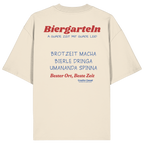 Cremefarbenes Oversize T-Shirt mit großem Biergarteln Backprint in Rot und bayerischem Statement „A guade Zeit mit guade Leid“. Schweres Premium-Shirt für Biergarten, Volksfest, Stammtisch und moderne bayerische Streetwear. Designed und bedruckt in Bayern von Grantler Gwand.