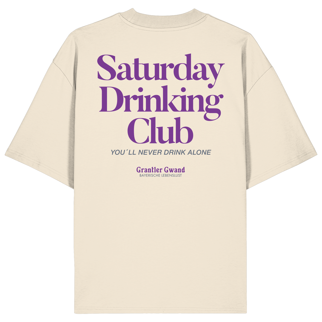 Naturfarbenes oversize Shirt mit großem Rückenprint „Saturday Drinking Club“ in Blau und rotem Schriftzug „You&