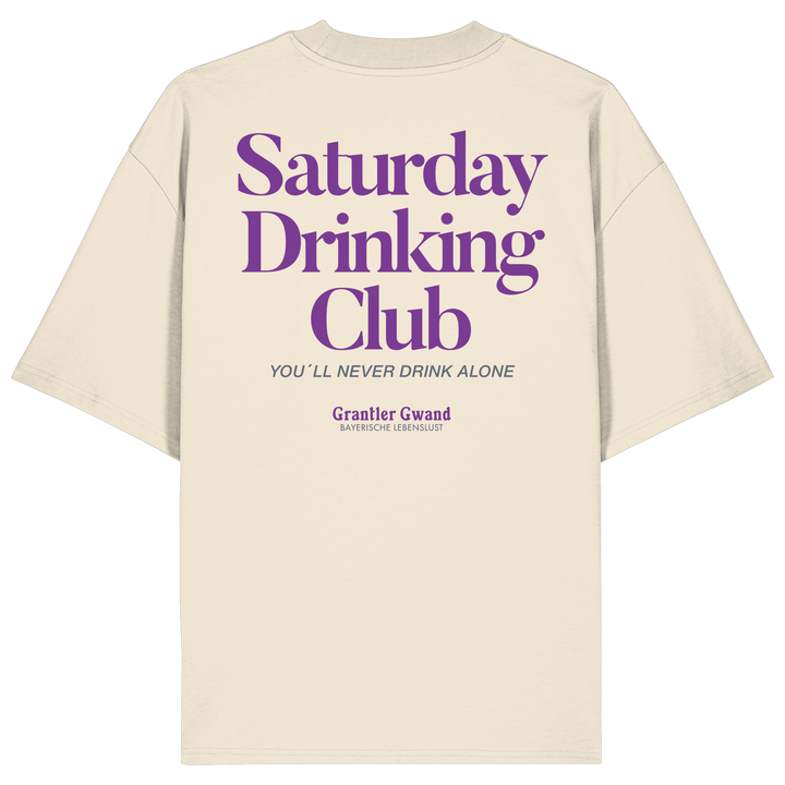 Naturfarbenes oversize Shirt mit großem Rückenprint „Saturday Drinking Club“ in Blau und rotem Schriftzug „You&