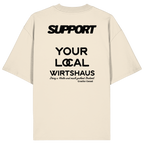 „Beiges Oversize T-Shirt mit schwarzem Backprint 'Support Your Local Wirtshaus' im markanten Typografie-Design von Grantler Gwand.“