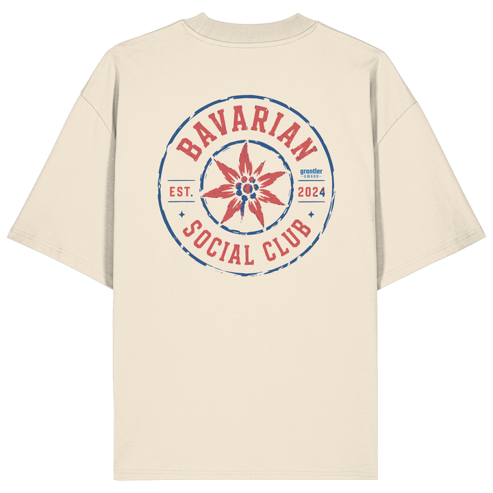 Naturfarbener Oversize T-Shirt mit großem roten und blauen „Bavarian Social Club“-Backprint und Edelweiß im Vintage-Streetwear-Design.