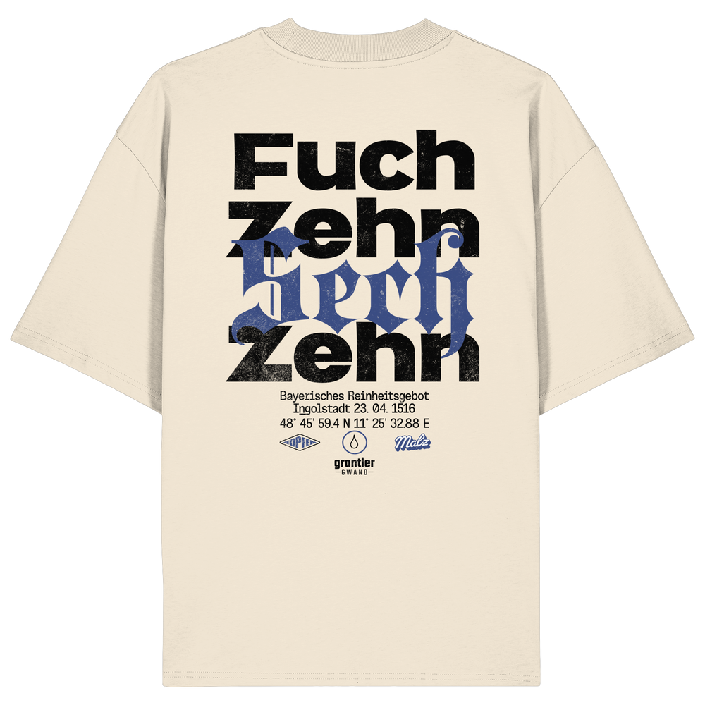 Naturfarbenes Oversize T-Shirt mit großem „Fuchzehn Sechzehn“-Backprint in Schwarz und Blau, inspiriert vom Bayerischen Reinheitsgebot von 1516.