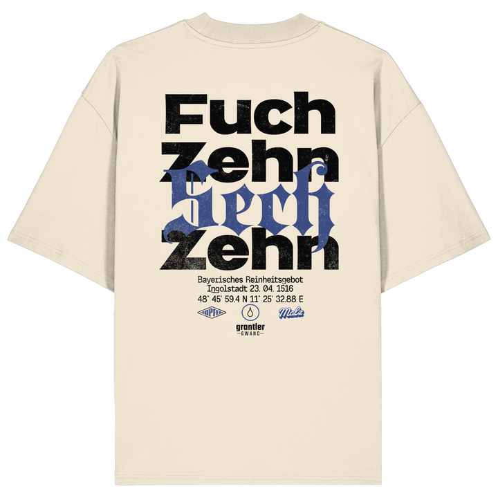 Naturfarbenes Oversize T-Shirt mit großem „Fuchzehn Sechzehn“-Backprint in Schwarz und Blau, inspiriert vom Bayerischen Reinheitsgebot von 1516.