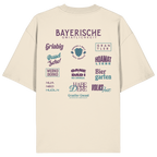 Beiges Oversize-Shirt mit großem lila Backprint „Bayerische Gmiatlichkeit“ und typischen bayerischen Begriffen wie Hoamatliebe, Biergarten, Volksfest, Grantler, Hopfen & Malz und Griabig. Unisex Premium-Shirt aus Bio-Baumwolle im modernen Streetwear-Style. Designed und bedruckt in Bayern von Grantler Gwand.
