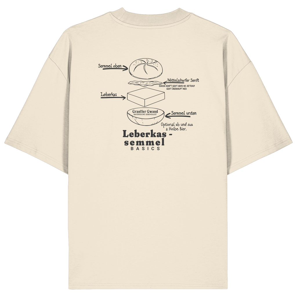 Beiges Oversize T-Shirt mit Backprint „Die wichtigste Bauanleitung Bayerns“ und Leberkassemmel-Illustration – bayerisches Streetwear Shirt von Grantler Gwand.