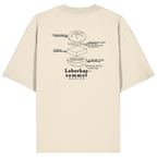 Beiges Oversize T-Shirt mit Backprint „Die wichtigste Bauanleitung Bayerns“ und Leberkassemmel-Illustration – bayerisches Streetwear Shirt von Grantler Gwand.