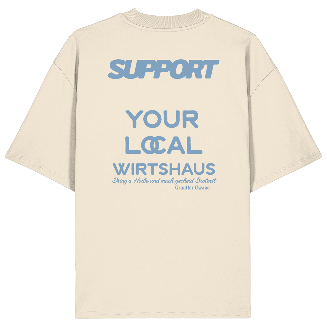 „Beiges Oversize T-Shirt mit großflächigem, blauem Backprint &