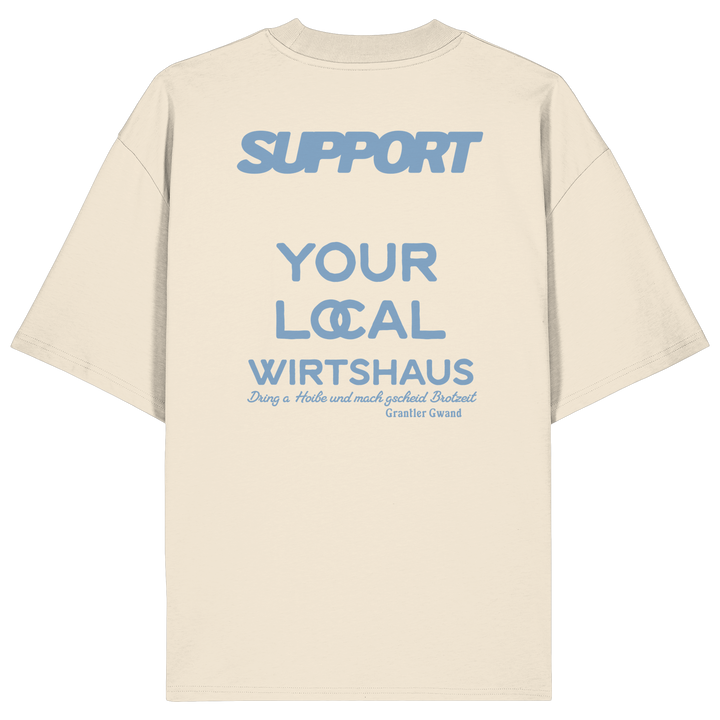 „Beiges Oversize T-Shirt mit großflächigem, blauem Backprint &