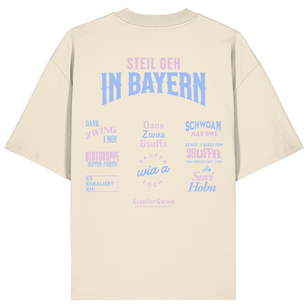 Naturfarbenes Oversize T-Shirt mit großem Backprint aus mehreren bayerischen Dialektsprüchen im modernen Typografie-Design von Grantler Gwand.