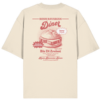 Cremefarbenes Oversize Bio-Shirt mit rotem Backprint „Resis Bavarian Diner“ – bayerisches Streetwear T-Shirt mit Leberkässemmel im Vintage-Diner-Design von Grantler Gwand