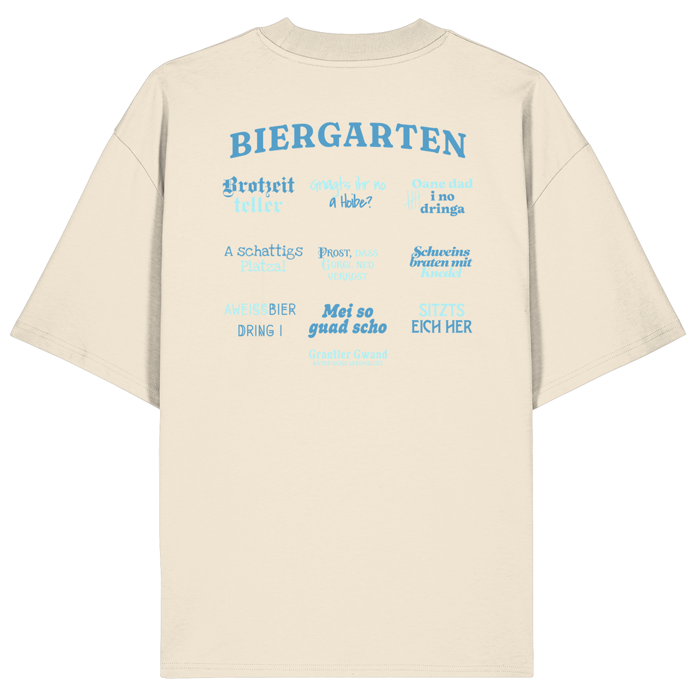 Cremefarbenes Oversize Shirt mit blau-grünem „Biergarten“-Rückendruck im Retro-Design – hochwertiger  Hoodie von Grantler Gwand.