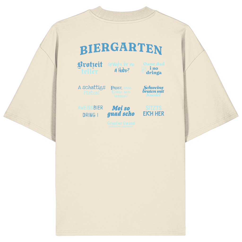 Cremefarbenes Oversize Shirt mit blau-grünem „Biergarten“-Rückendruck im Retro-Design – hochwertiger  Hoodie von Grantler Gwand.