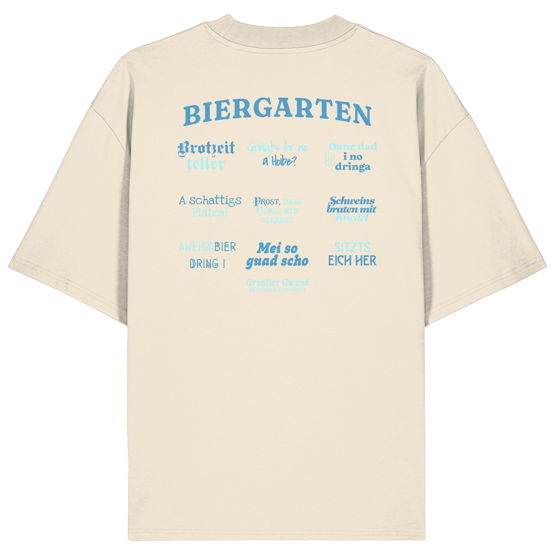 Cremefarbenes Oversize Shirt mit blau-grünem „Biergarten“-Rückendruck im Retro-Design – hochwertiger  Hoodie von Grantler Gwand.