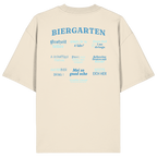 Cremefarbenes Oversize Shirt mit blau-grünem „Biergarten“-Rückendruck im Retro-Design – hochwertiger  Hoodie von Grantler Gwand.