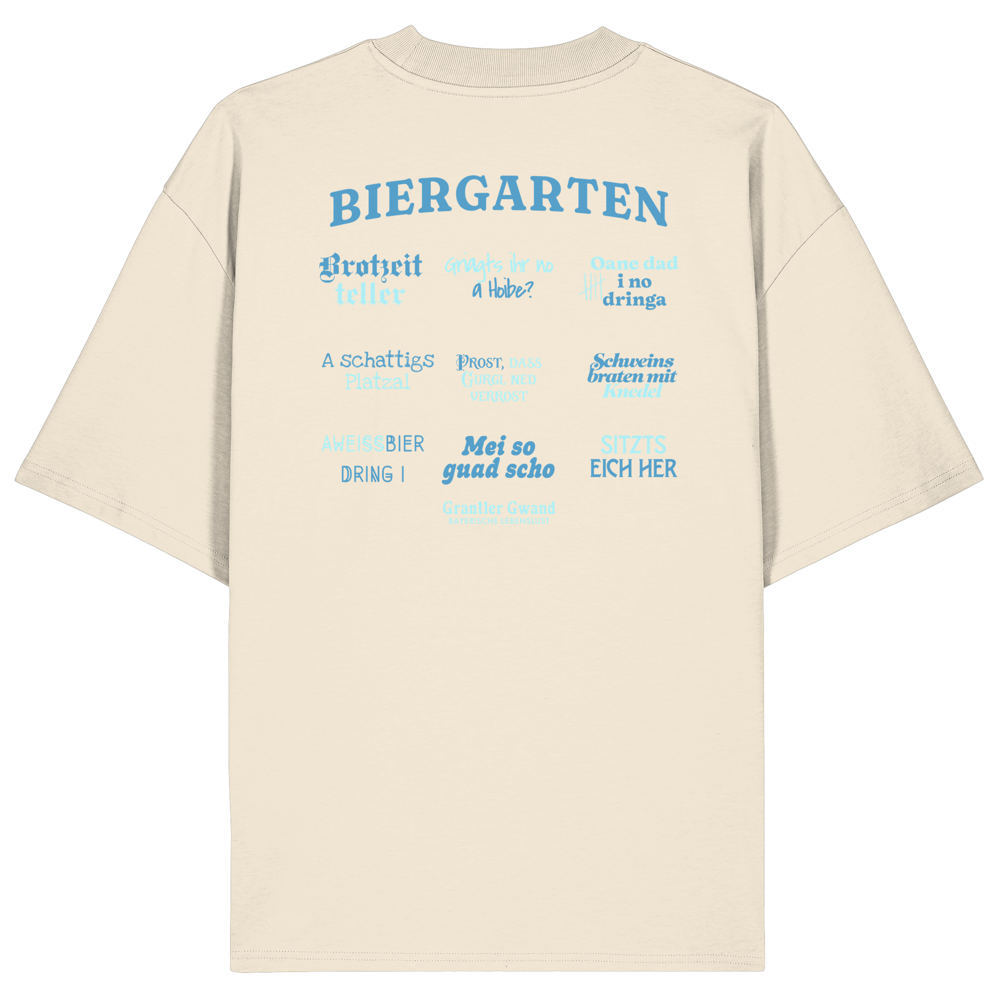 Cremefarbenes Oversize Shirt mit blau-grünem „Biergarten“-Rückendruck im Retro-Design – hochwertiger  Hoodie von Grantler Gwand.