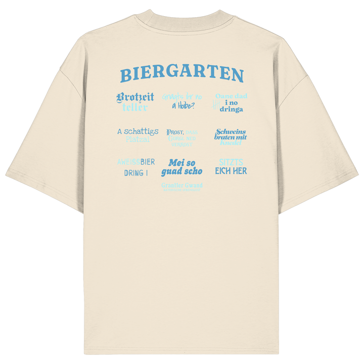 Cremefarbenes Oversize Shirt mit blau-grünem „Biergarten“-Rückendruck im Retro-Design – hochwertiger  Hoodie von Grantler Gwand.