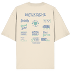 Beiges Bayerische Gmiatlichkeit Oversize Shirt mit großem grünem Backprint und bayerischen Begriffen wie Hoamatliebe, Biergarten, Volksfest, Grantler, Hopfen & Malz und Griabig. Unisex Heavy Oversized T-Shirt aus Bio-Baumwolle im modernen Streetwear-Look. Designed und bedruckt in Bayern von Grantler Gwand.