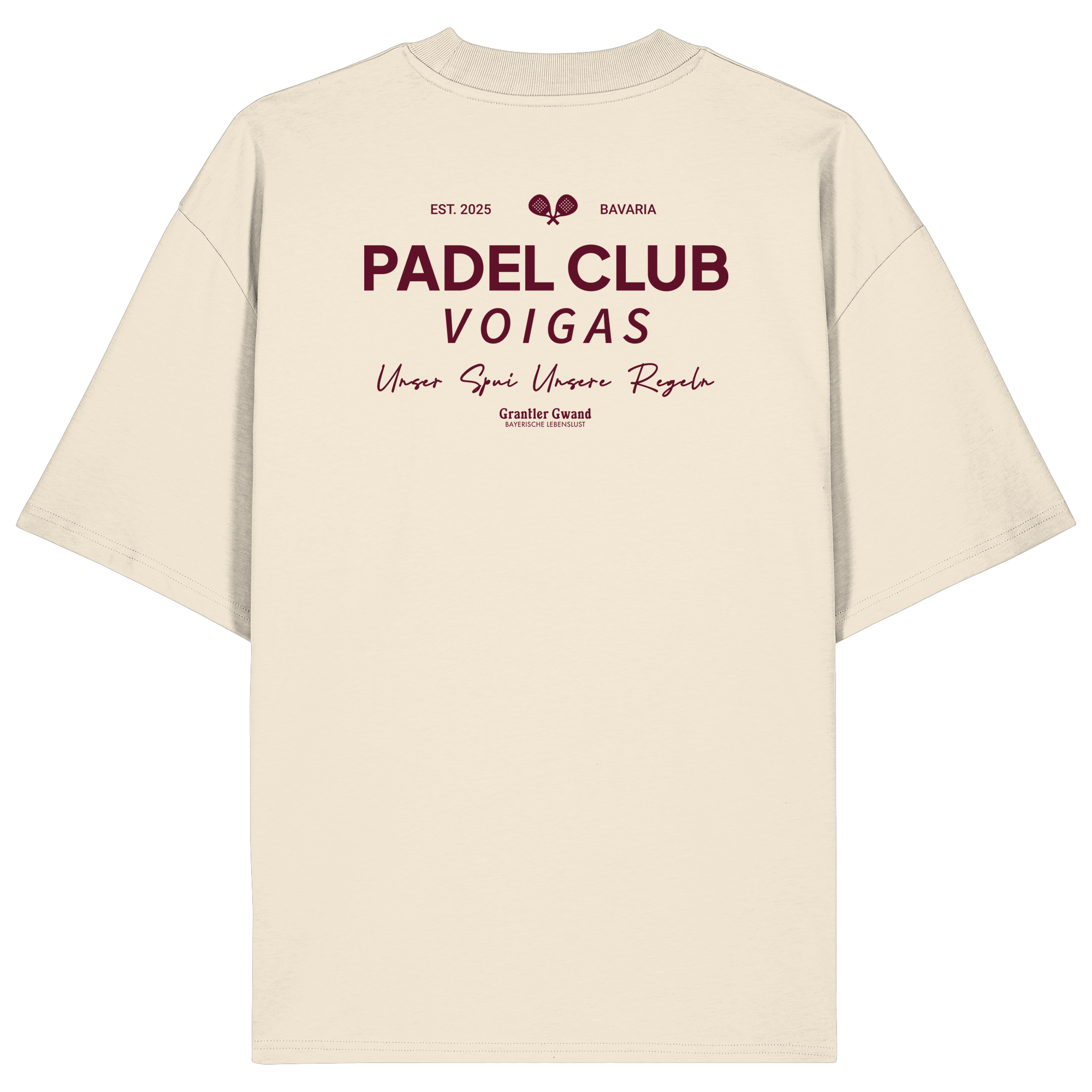Cremefarbenes Oversize Shirt mit rotem „Padel Club“-Backprint – hochwertiges Streetwear Shirt in Bio Qualität von Grantler Gwand für Padel-Fans.