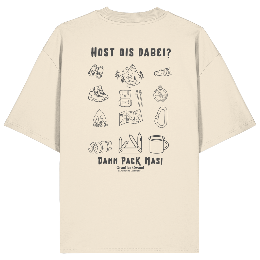 Cremefarbenes Oversize Shirt mit Backprint „Host ois dabei“ – bayerisches Outdoor-Shirt mit Wander-, Camping- und Bergsport-Motiv von Grantler Gwand.