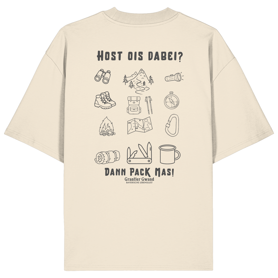 Cremefarbenes Oversize Shirt mit Backprint „Host ois dabei“ – bayerisches Outdoor-Shirt mit Wander-, Camping- und Bergsport-Motiv von Grantler Gwand.