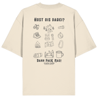 Cremefarbenes Oversize Shirt mit Backprint „Host ois dabei“ – bayerisches Outdoor-Shirt mit Wander-, Camping- und Bergsport-Motiv von Grantler Gwand.