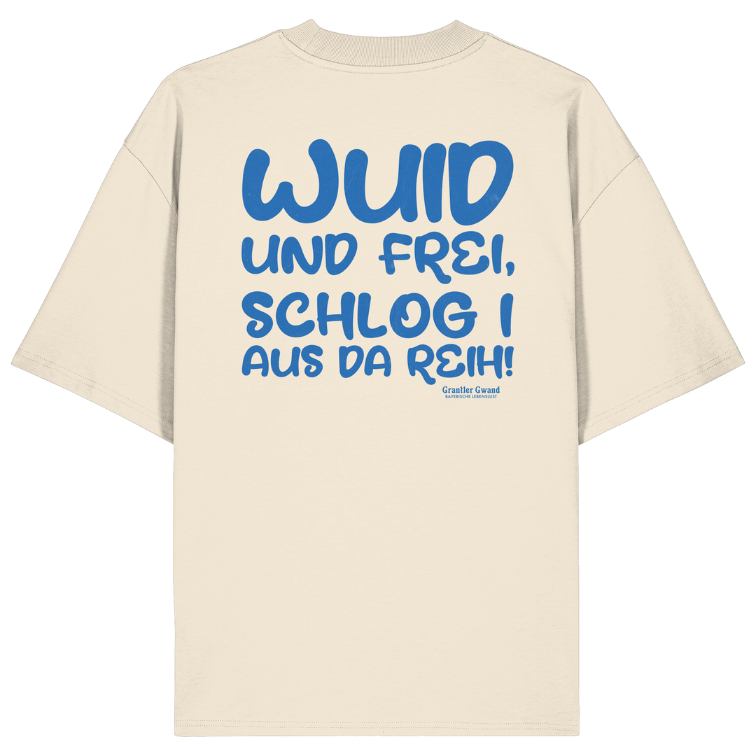 Beiges Wuid und frei Oversize Shirt mit großem blauem Backprint und bayerischem Spruch. Unisex Heavy Oversized T-Shirt aus 100 % Bio-Baumwolle im modernen Streetwear-Look für Biergarten, Volksfest und Freizeit. Designed und bedruckt in Bayern von Grantler Gwand.