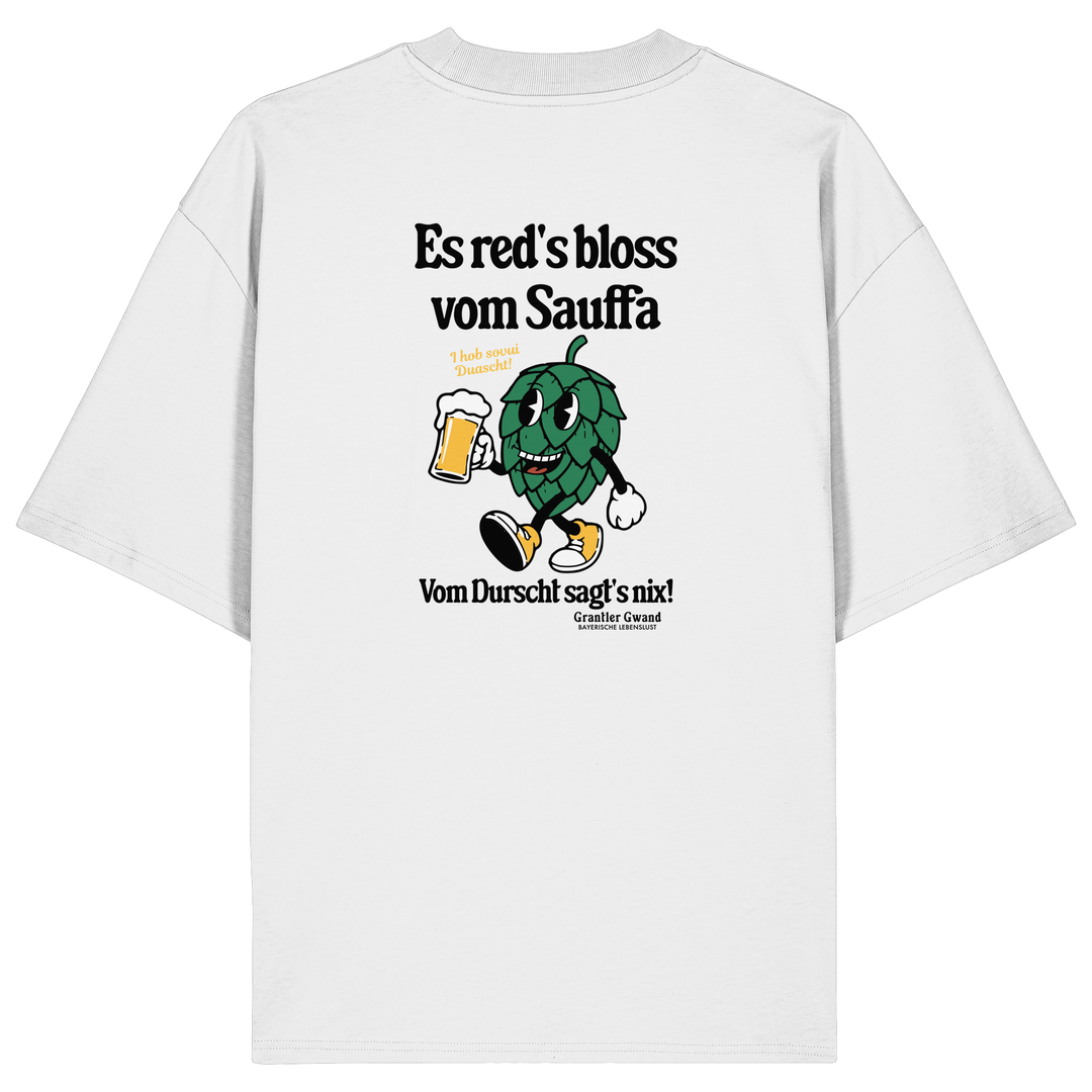 Weißes Oversize-T-Shirt mit großem Backprint „Es red's bloß vom Sauffa“ und lustigem Hopfen-Motiv – bayerisches Streetwear-Shirt von Grantler Gwand.