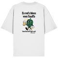 Weißes Oversize-T-Shirt mit großem Backprint „Es red's bloß vom Sauffa“ und lustigem Hopfen-Motiv – bayerisches Streetwear-Shirt von Grantler Gwand.