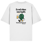 Weißes Oversize-T-Shirt mit großem Backprint „Es red's bloß vom Sauffa“ und lustigem Hopfen-Motiv – bayerisches Streetwear-Shirt von Grantler Gwand.